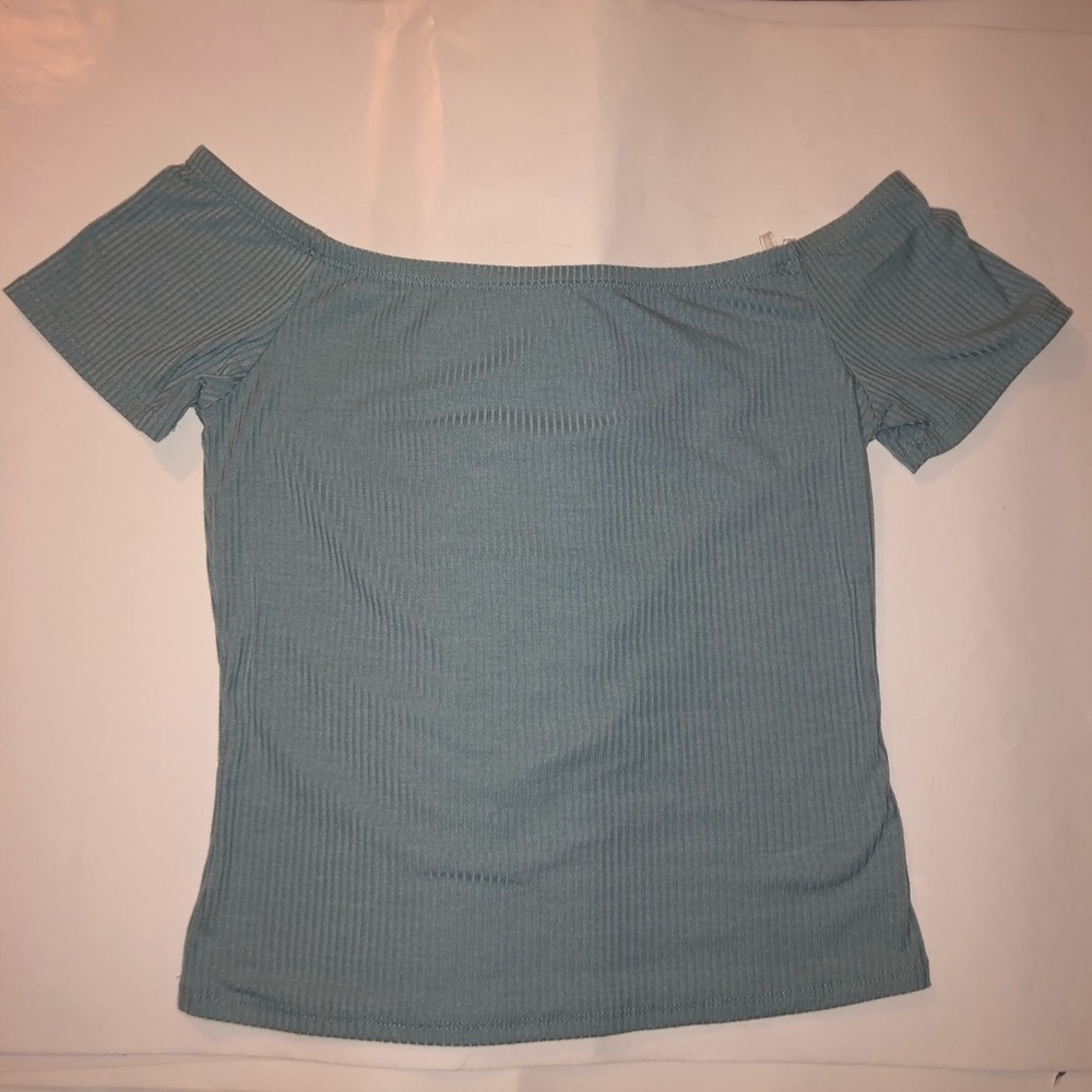 light blue off the shoulder shirt